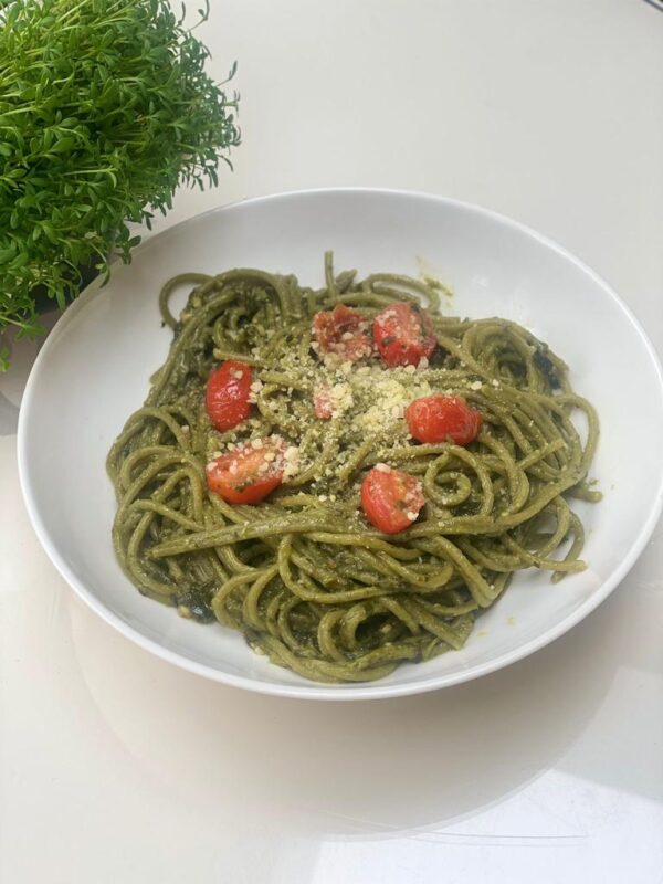 High Protein Pesto Spinach Pasta